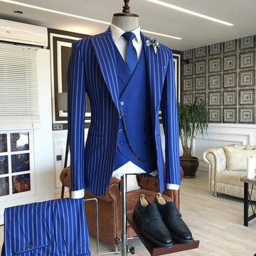 Aidase Men's Suit 3 Pieces Blazer Vest Pants One Button Peaked Lapel Pinstripes Formal Business Blue Slim Wedding Groom Costume Homme aidase-shop